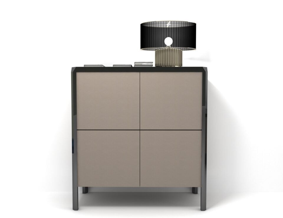 Wooden bar cabinet with four-panel doors and metal frame