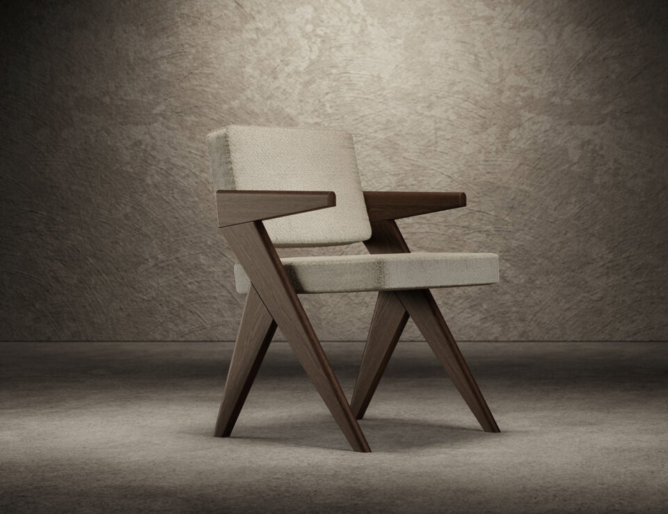 Leather and wood dining chair with angular frame and upholstered seat