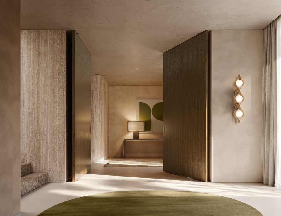 Wood architectural pivot door with walnut finish