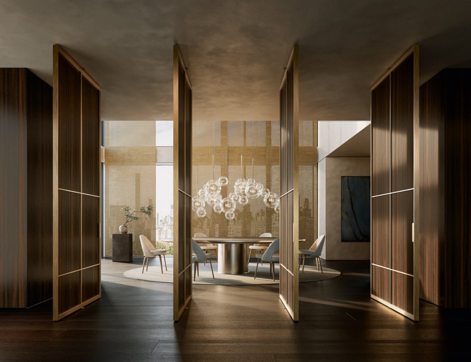 Wood pivot architectural doors with walnut finish