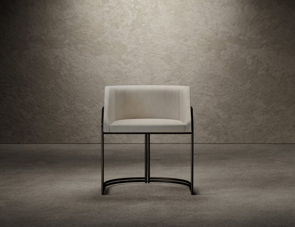 Leather and wood dining chair with curved metal base