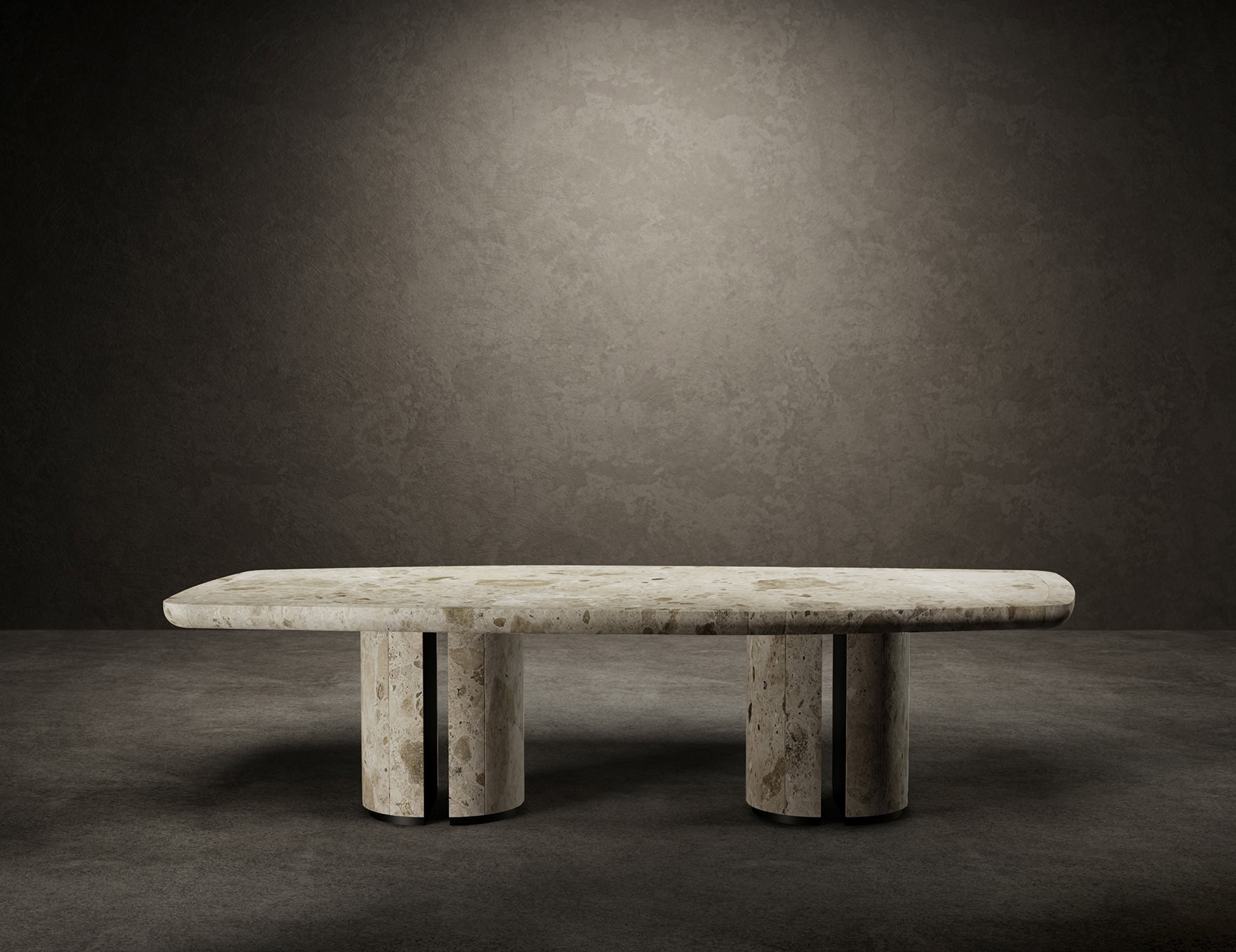 For No One - Rectangular marble dining table with rounded edges and cylindrical legs