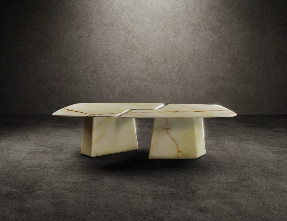 Rectangular metal dining table with dual pedestal steel base