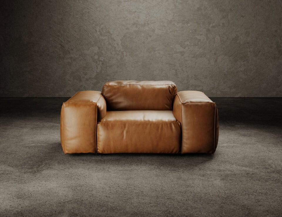 Brown leather swivel armchair with wooden base in living room setting