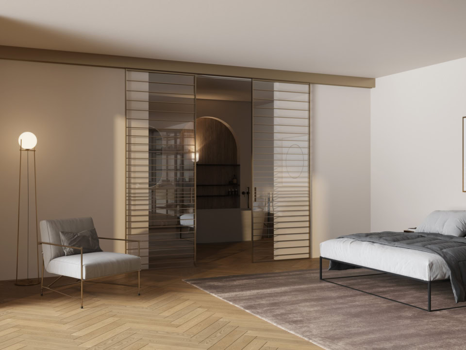 Glass architectural sliding door with metal frame in bedroom setting