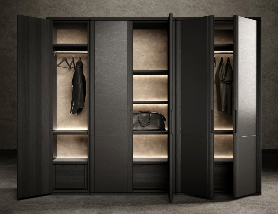 Leather and wood bedroom wardrobe with ash finish and open storage sections