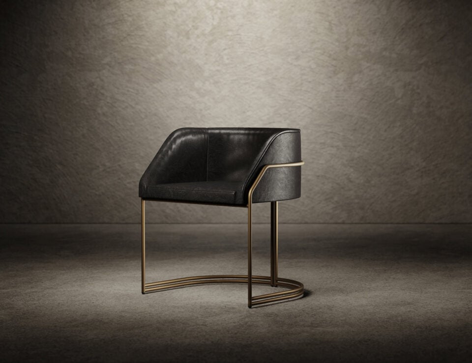 Leather dining chair with wood frame and curved metal base