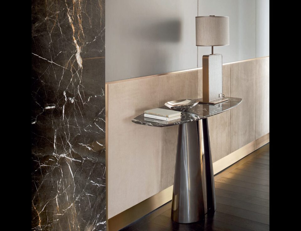 Valentine Grey marble console table with onyx top and polished metal base