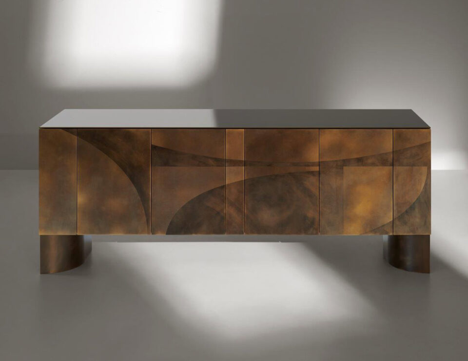 Wood bar cabinet with ash finish and geometric front pattern