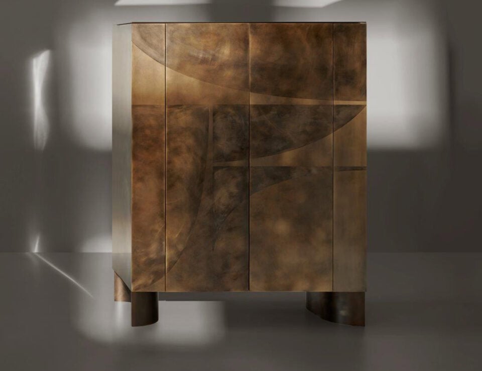 Wood bar cabinet with ash finish and abstract panel design