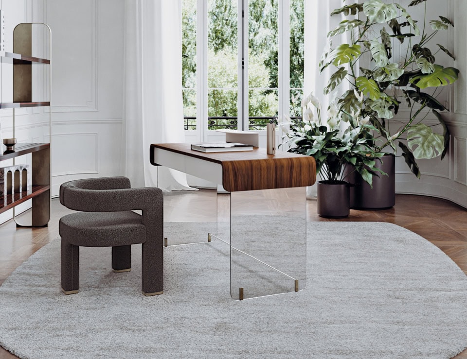 Glass writing desk with wooden top in home office setting
