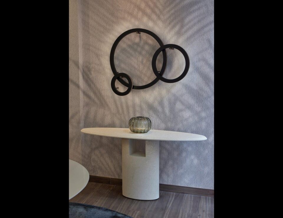 Stone console table with Vicenza finish in living room setting