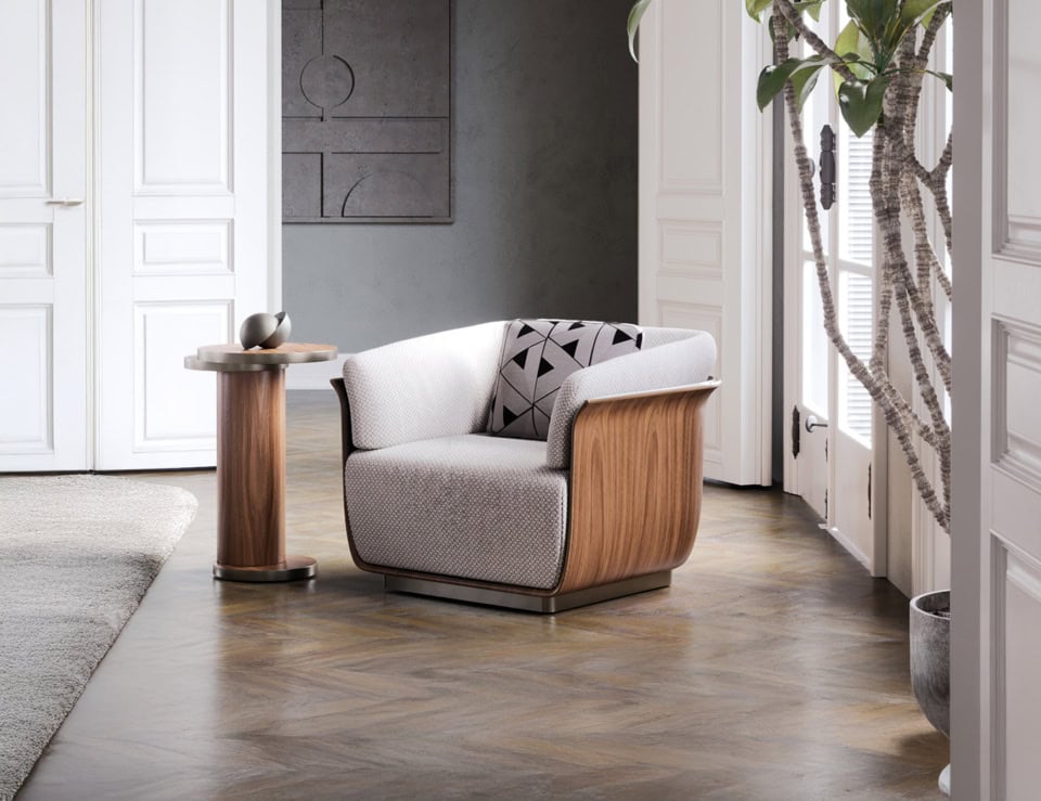 Fabric swivel armchair with wooden frame in a living room setting