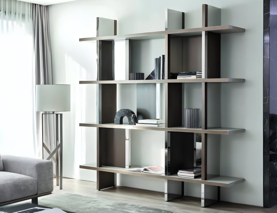 Leather bookcase with open shelves