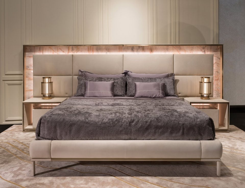 Leather storage bed with upholstered headboard and side tables