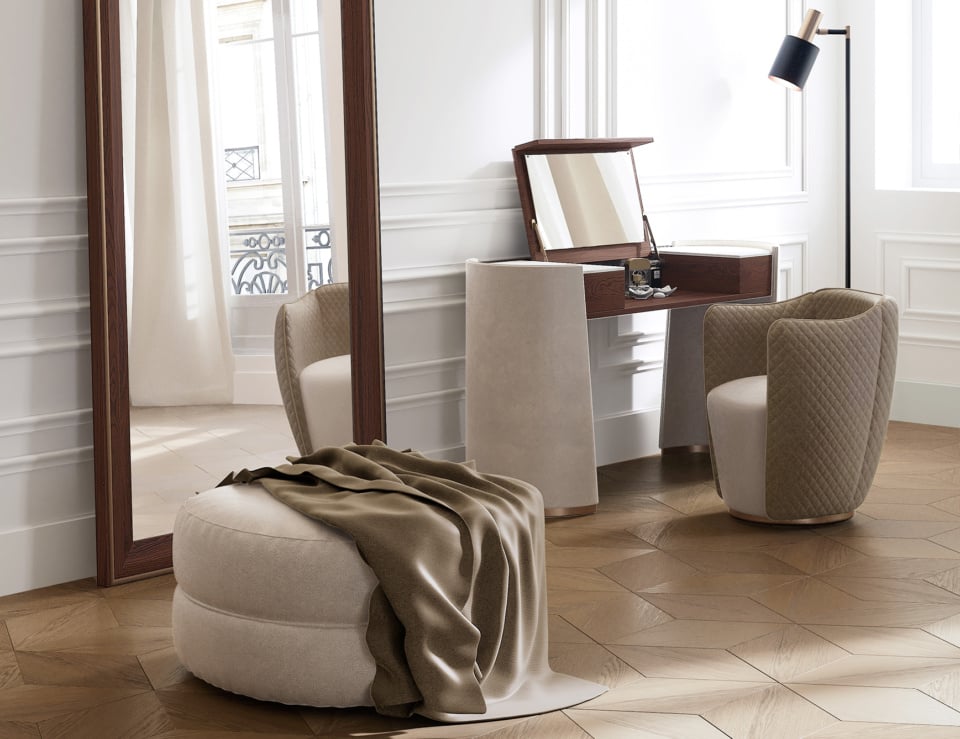 Fabric swivel armchair with curved backrest in a room setting