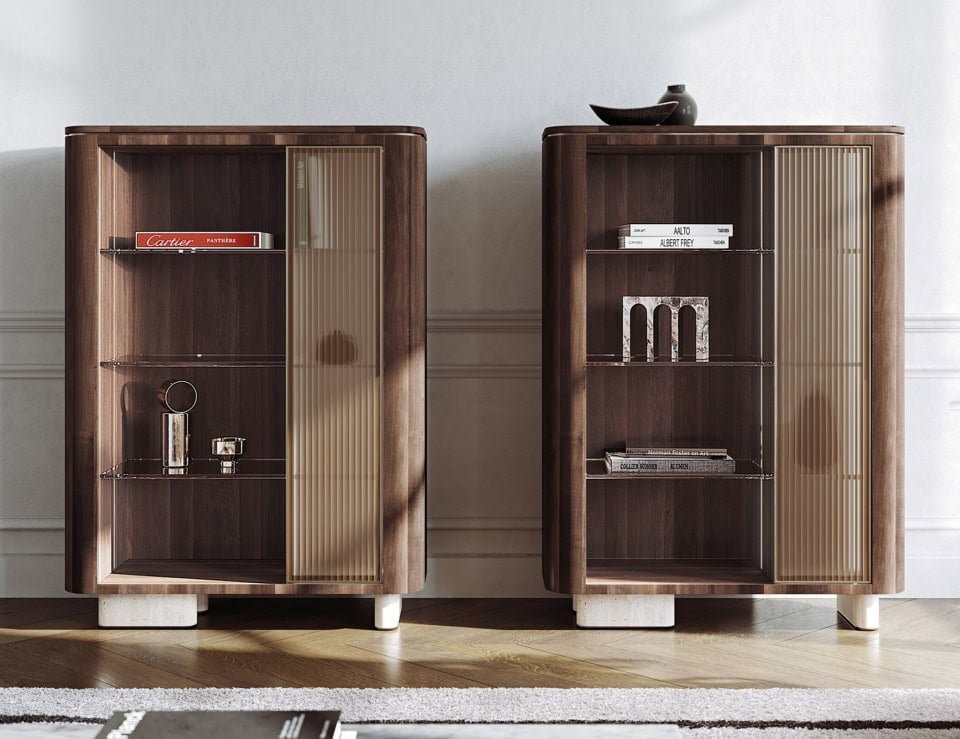 Walnut wood storage bookcases with glass shelves and sliding panels