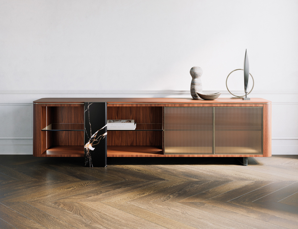 Wooden sideboard in American walnut finish with shelves and sliding panel doors