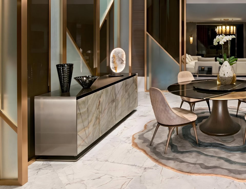 Wood bar cabinet with briar burl finish used as a credenza in a dining room setting