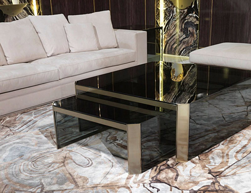 Rectangular glass coffee tables with metal frames in living room