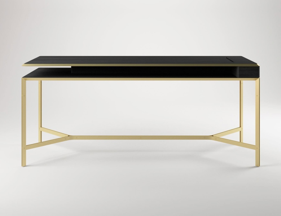 Ash wood and metal desk with open shelf and gold frame