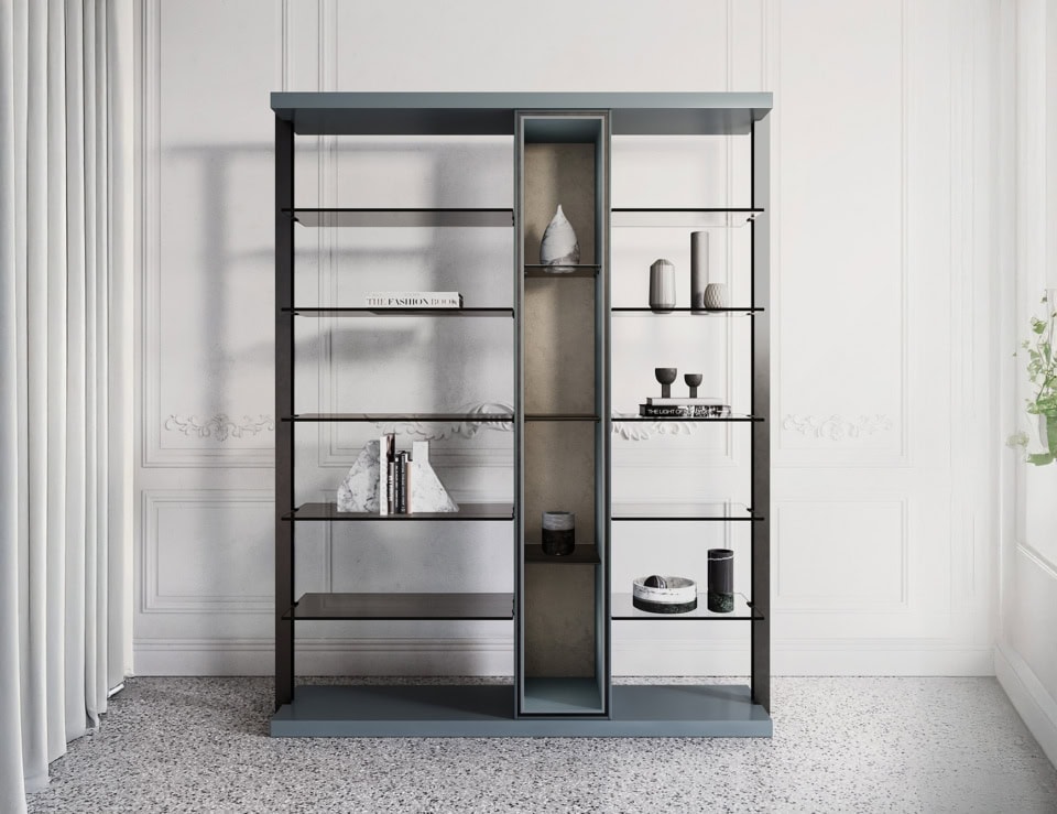 Lacquered wood bookcase with open shelves for living room or office