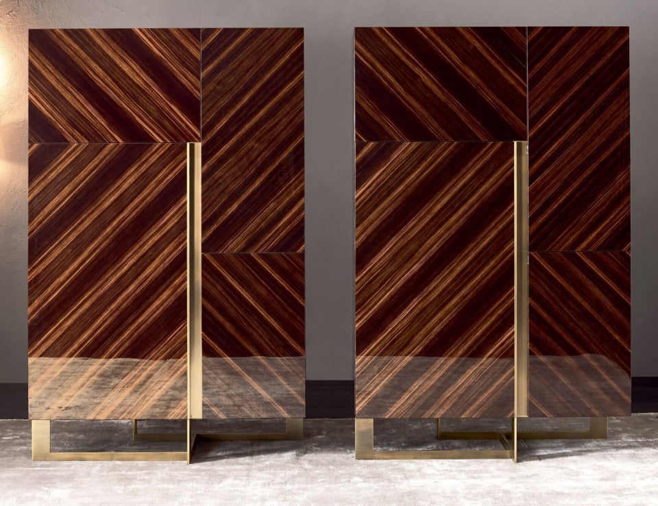 Wood bar cabinets with ebony finish and metal base