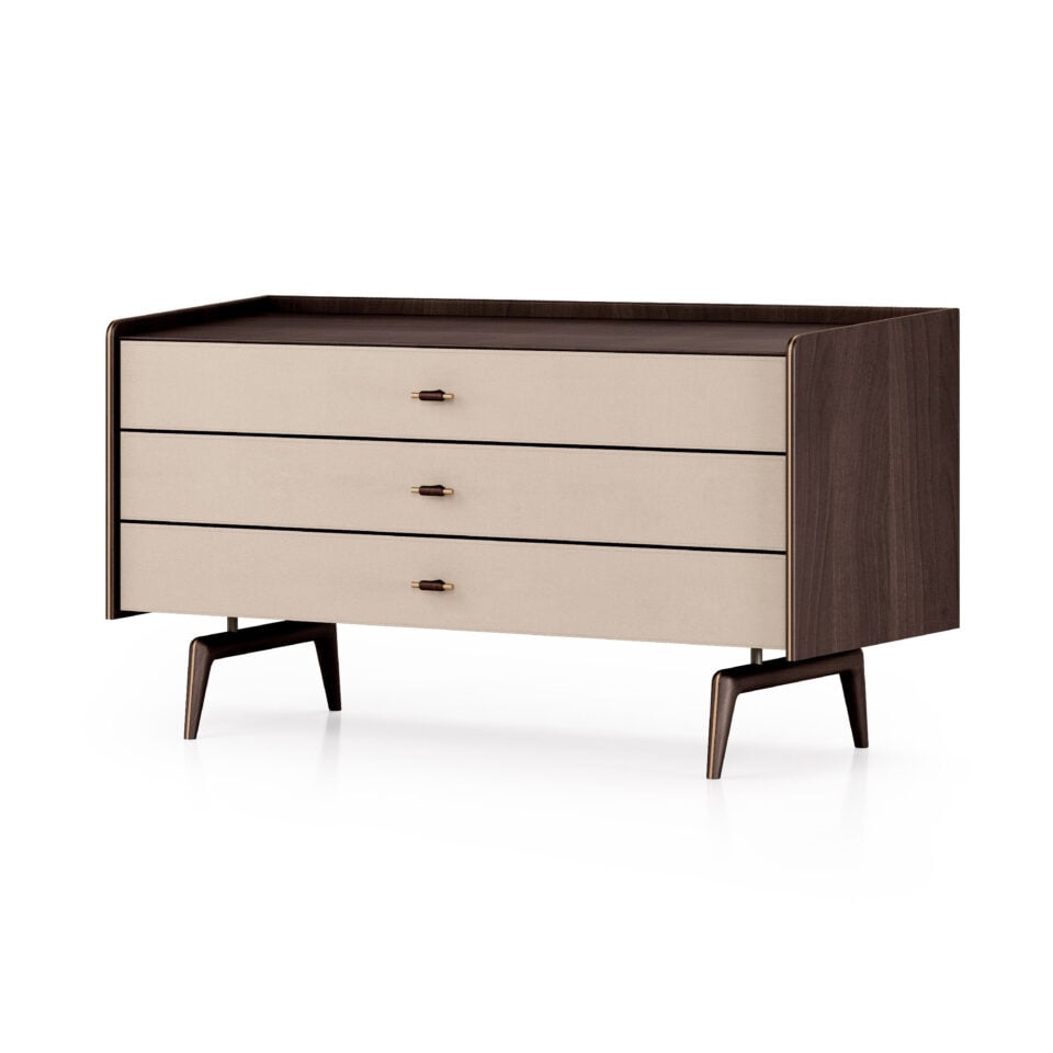 Wood chest of drawers with walnut finish and three drawers