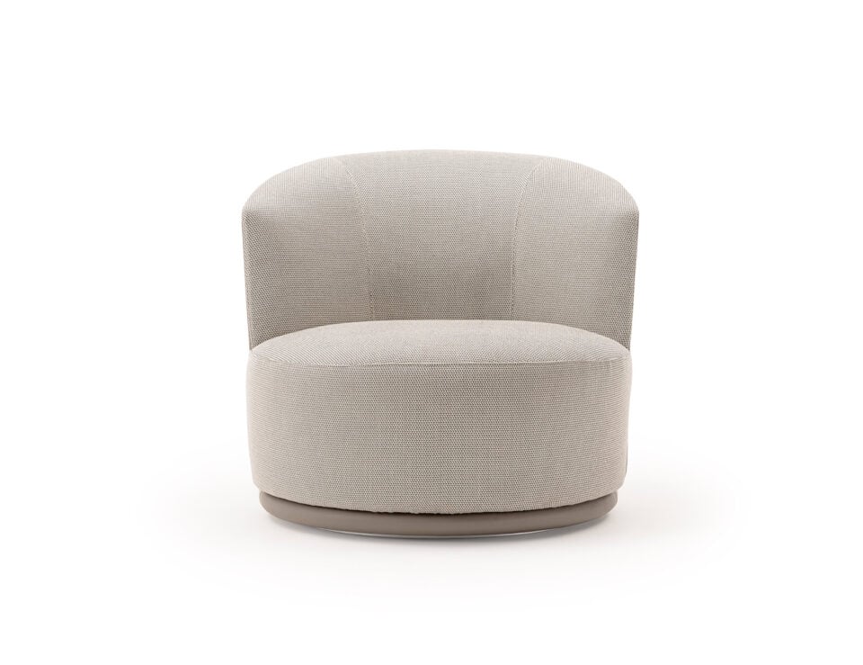 Fabric swivel armchair with rounded seat and low backrest
