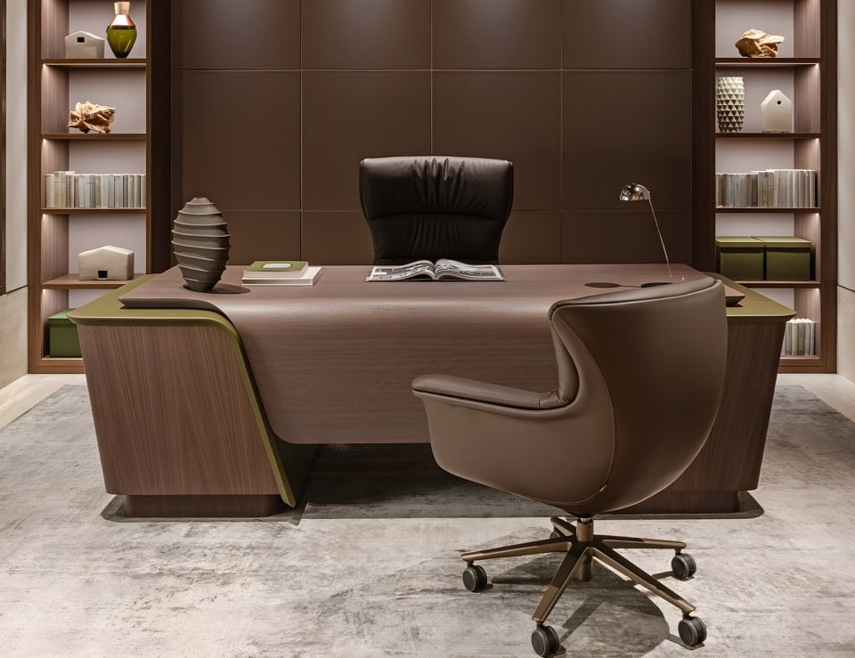 Walnut wood office desk with leather chair in workspace setting