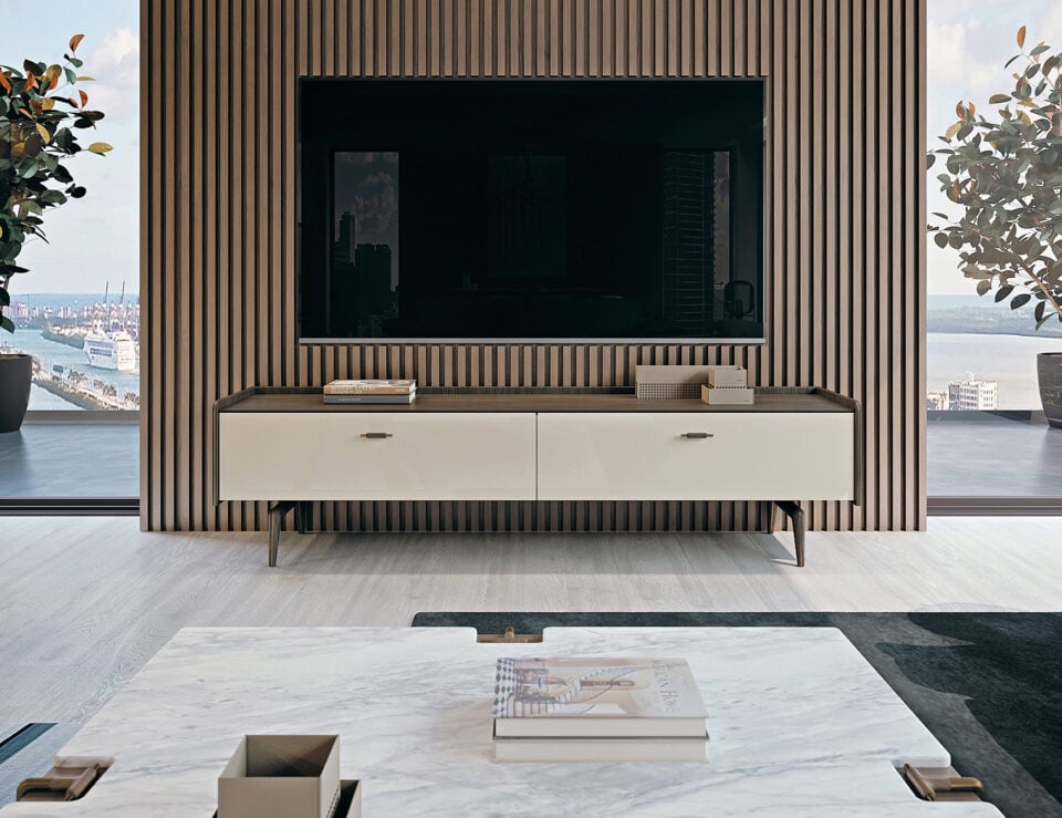 Walnut wood credenza with two drawers in living room setting