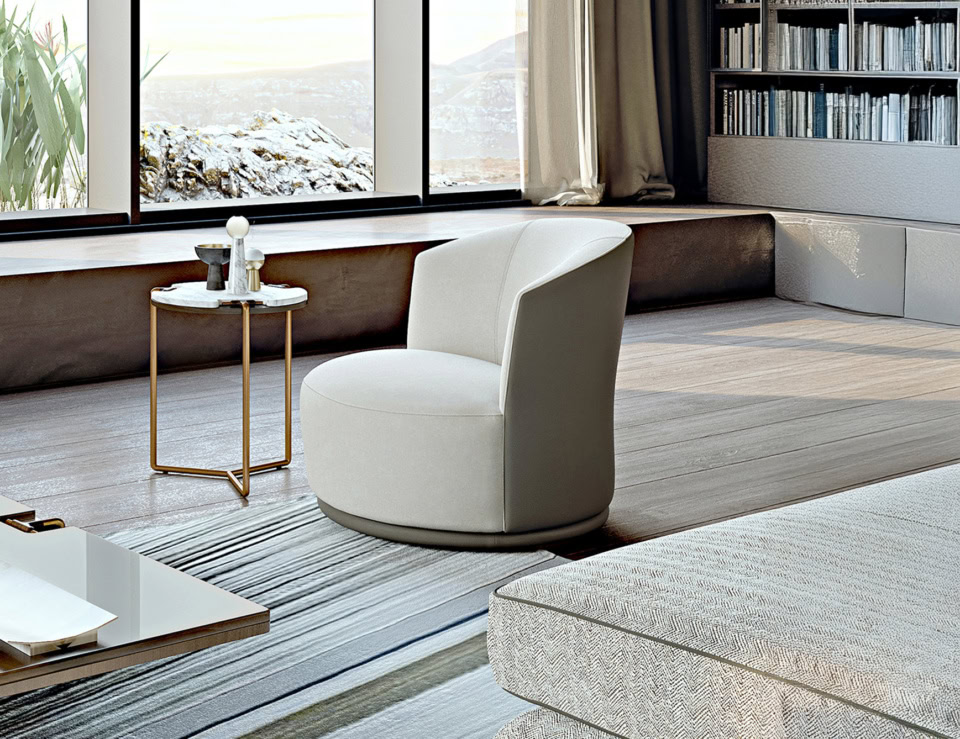 Leather swivel sofa chair in living room setting