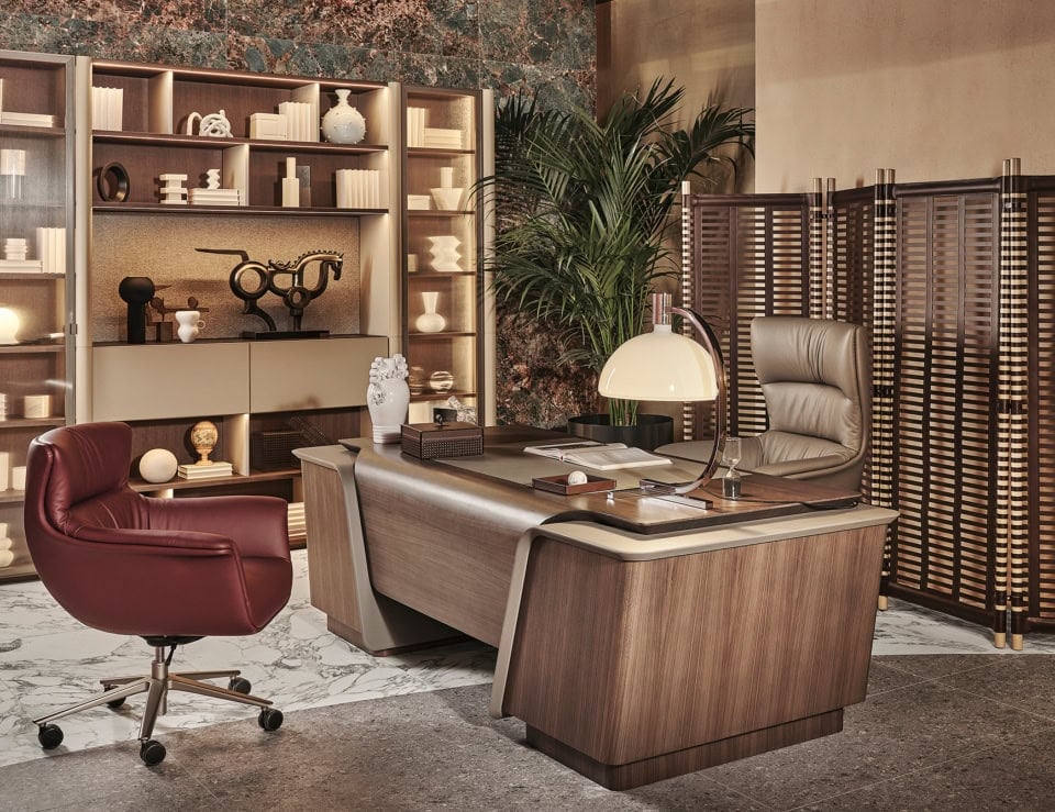 Wood desk with walnut finish in an office setting