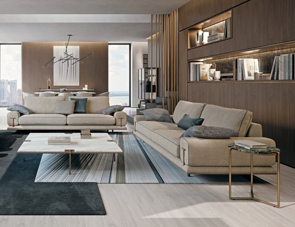 Fabric sofa with cushions in living room setting