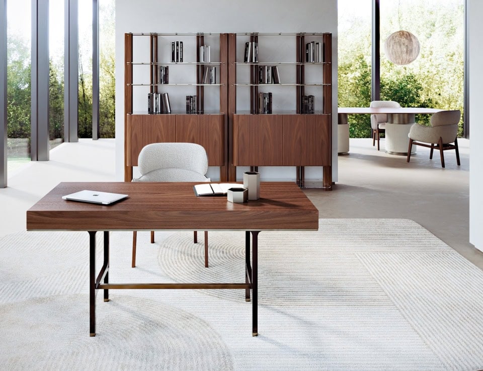 Wood writing desk with Canaletto finish and metal legs in office setting