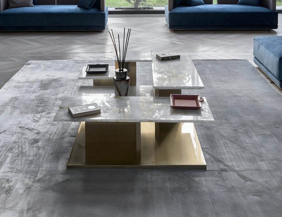 Marble coffee table with Dover White finish in living room setting