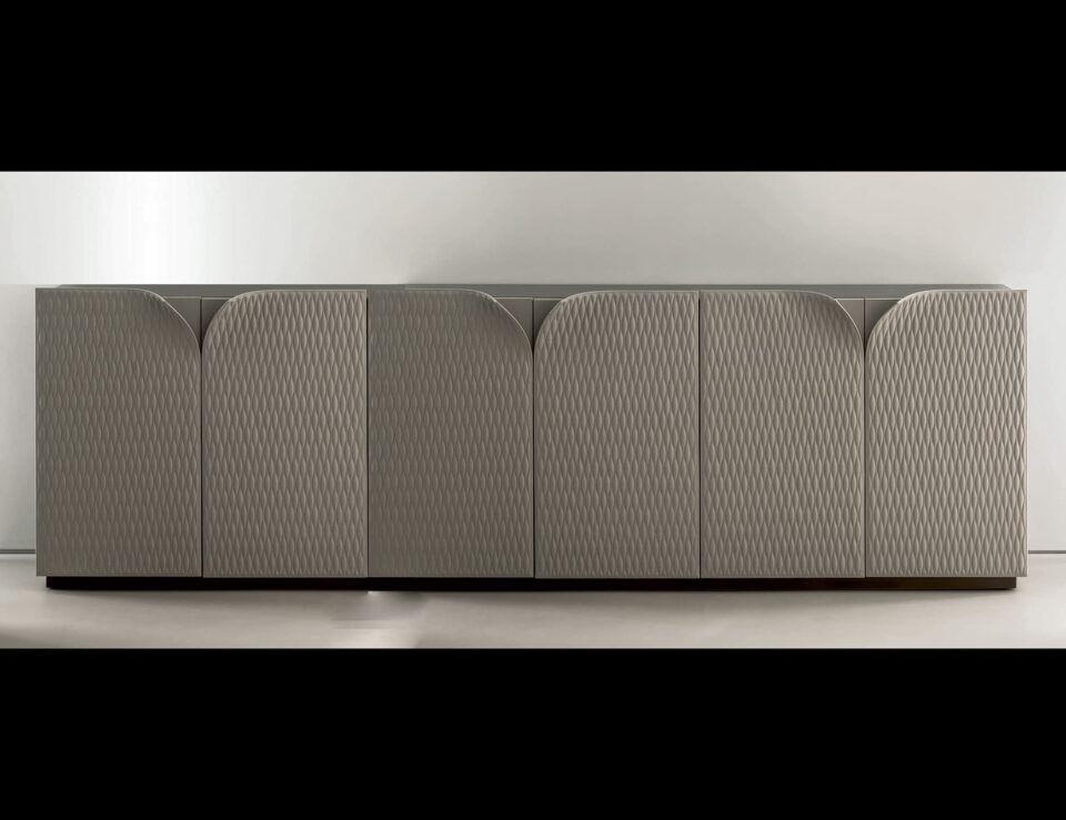 Leather bar cabinet with textured front panels and rectangular shape