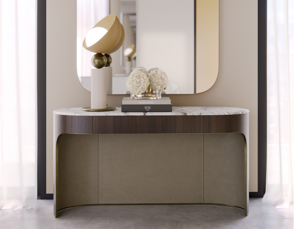 Wood console table in American walnut finish with curved storage base