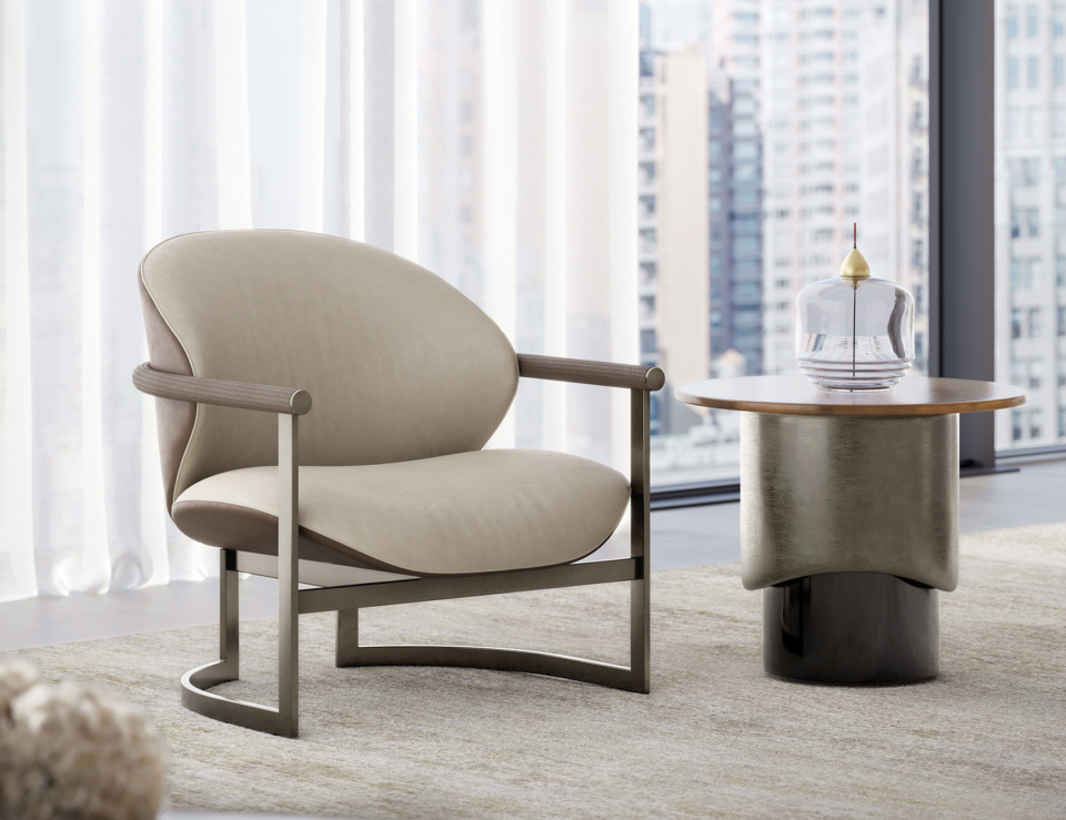 Glass accent end table with round top in living room setting