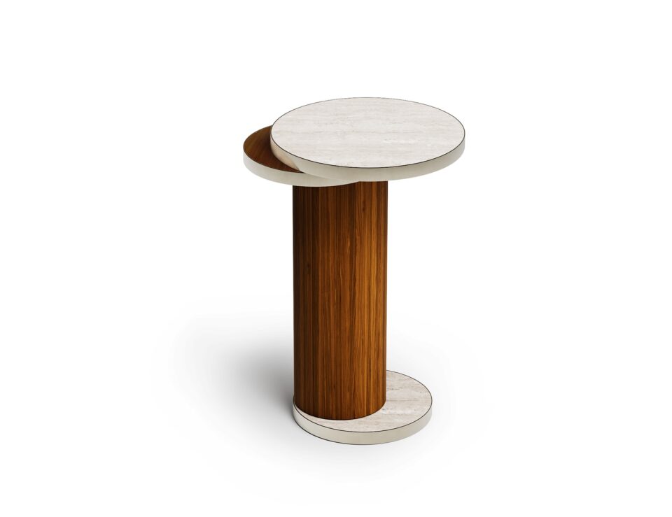 Round walnut wood side table with cylindrical base and light stone top