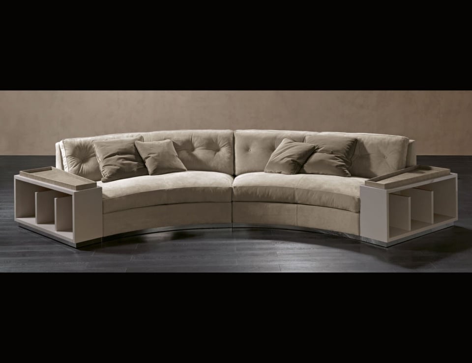 Curved leather sectional sofa with built-in side shelves