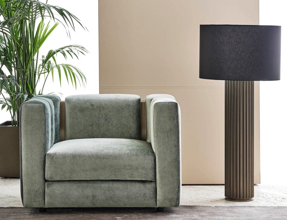 Leather swivel armchair with square design in living room setting