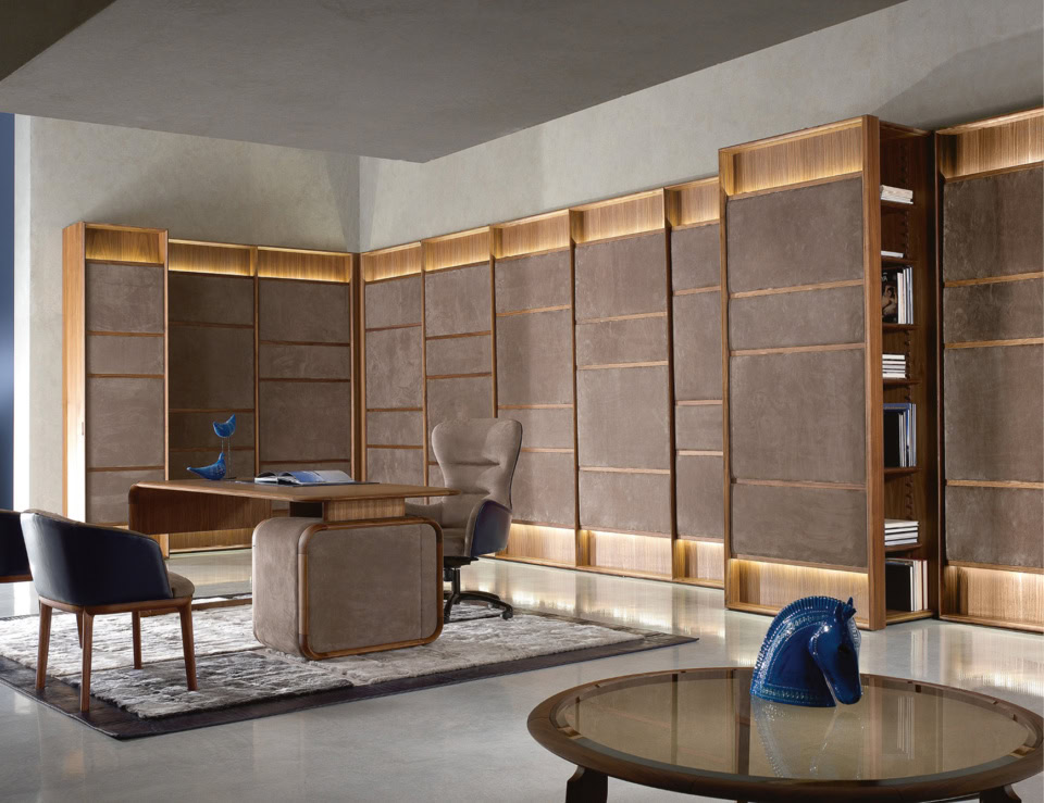 Wood walnut bar cabinet wall unit with shelving in living room setting