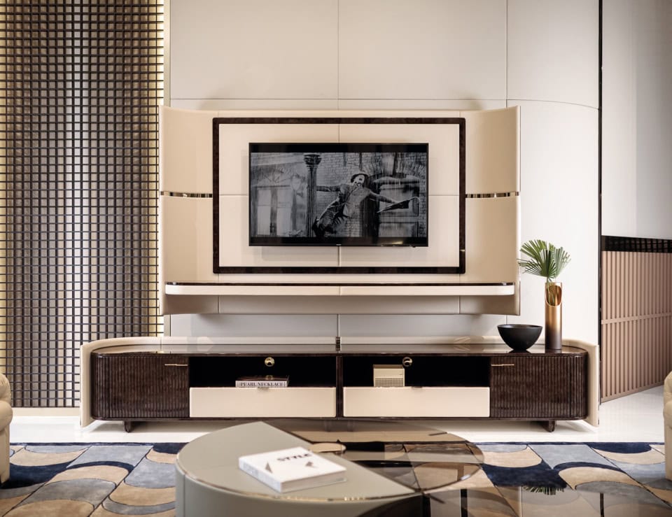 Wood TV media unit with storage in a living room setting