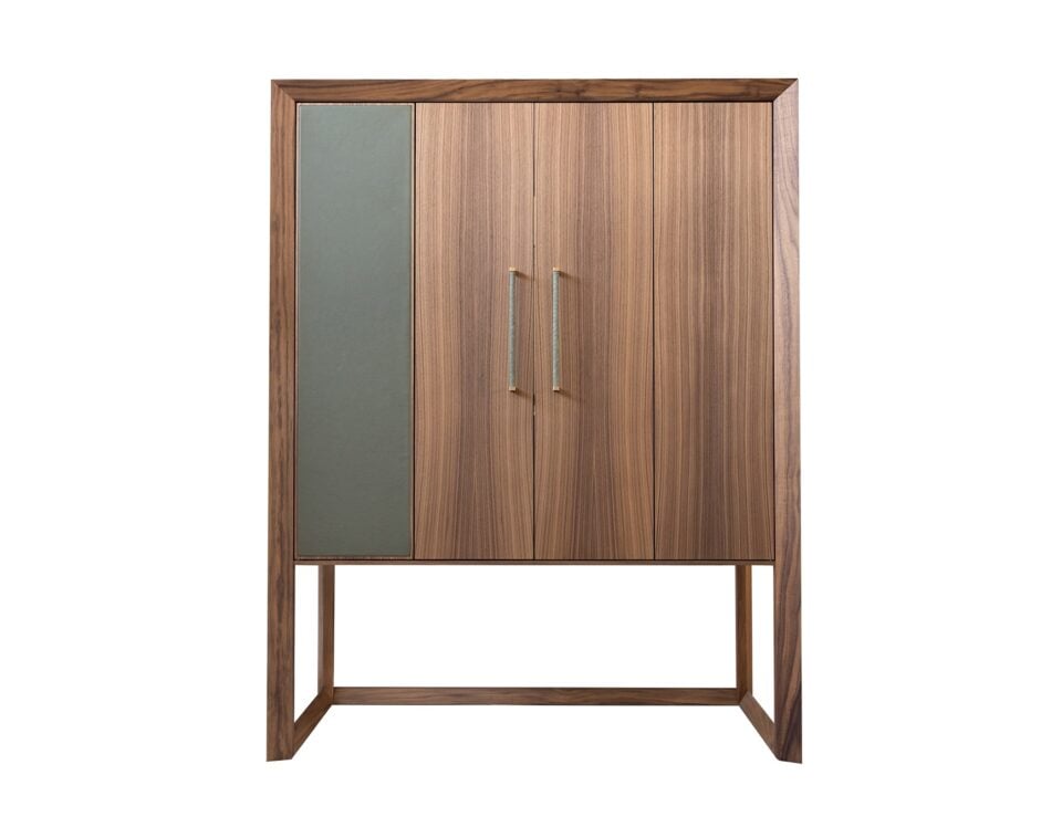 Wood bar cabinet with walnut finish and vertical panel design