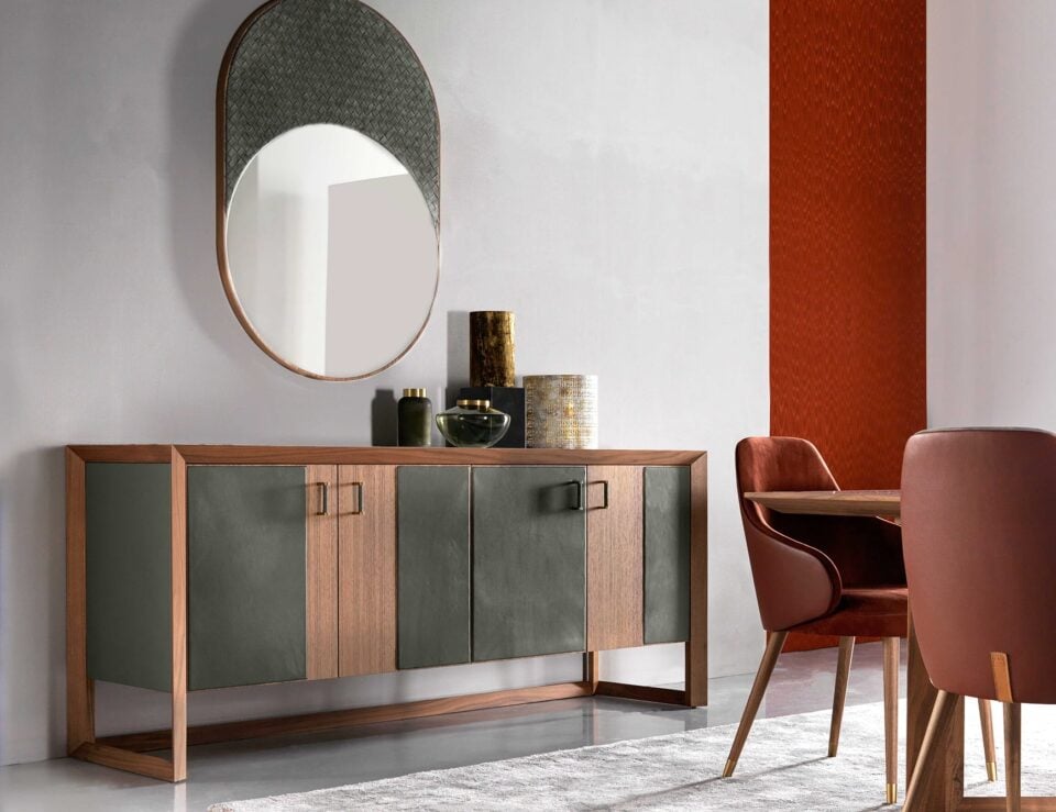 Wood credenza with walnut finish in living room setting