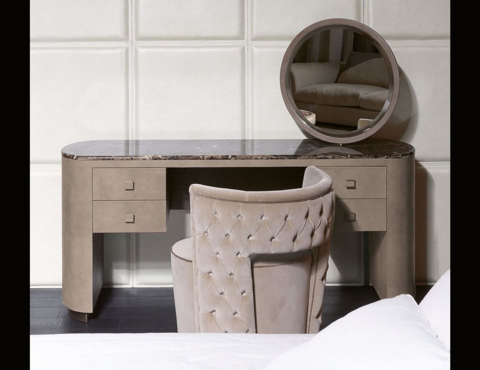 Leather vanity table with marble top and round mirror