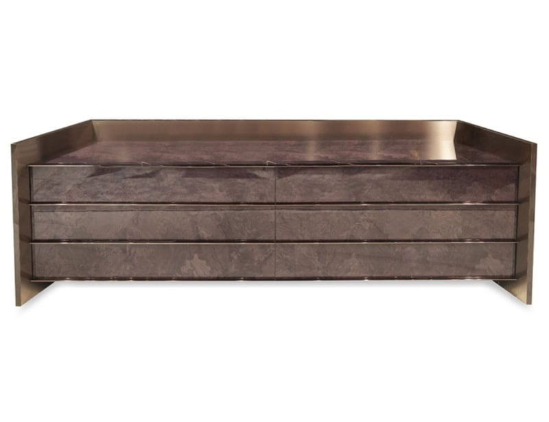 Rectangular wooden dresser with six drawers and metallic frame