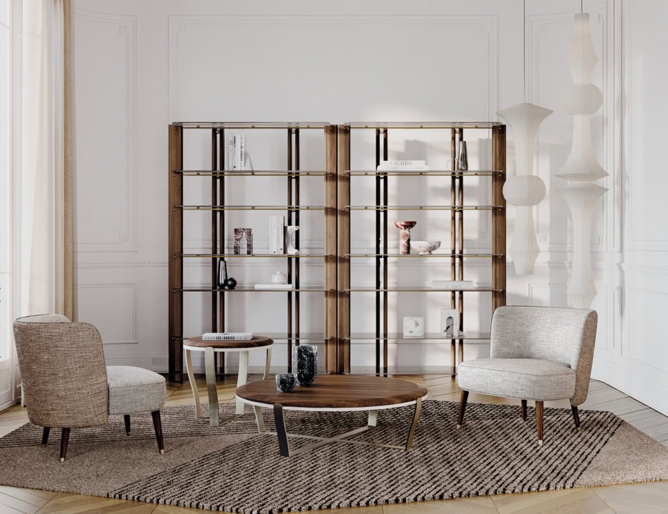 Wood bookcase with eucalyptus finish in living room setting
