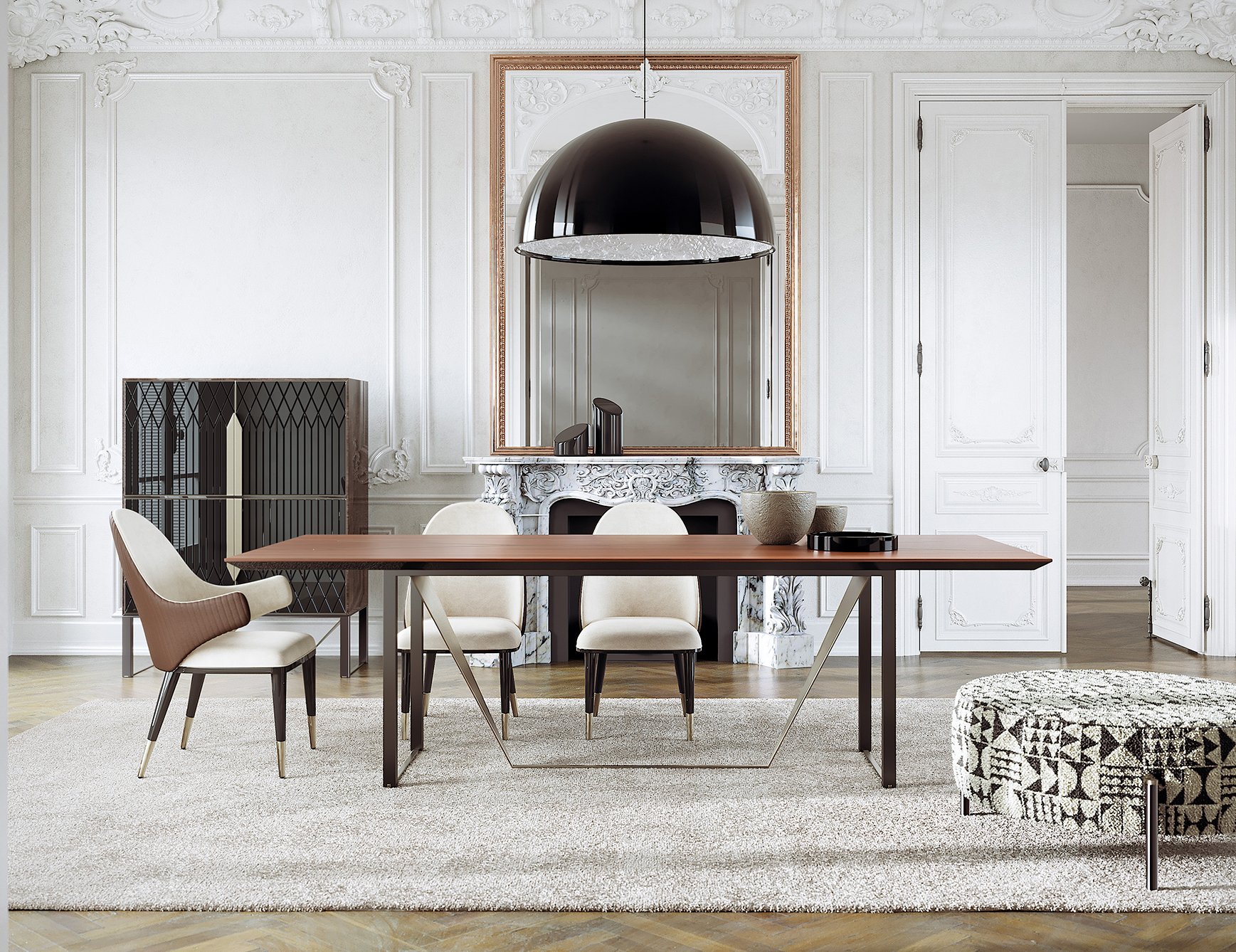 Diva - Leather dining chair with armrests and wooden legs around a dining table